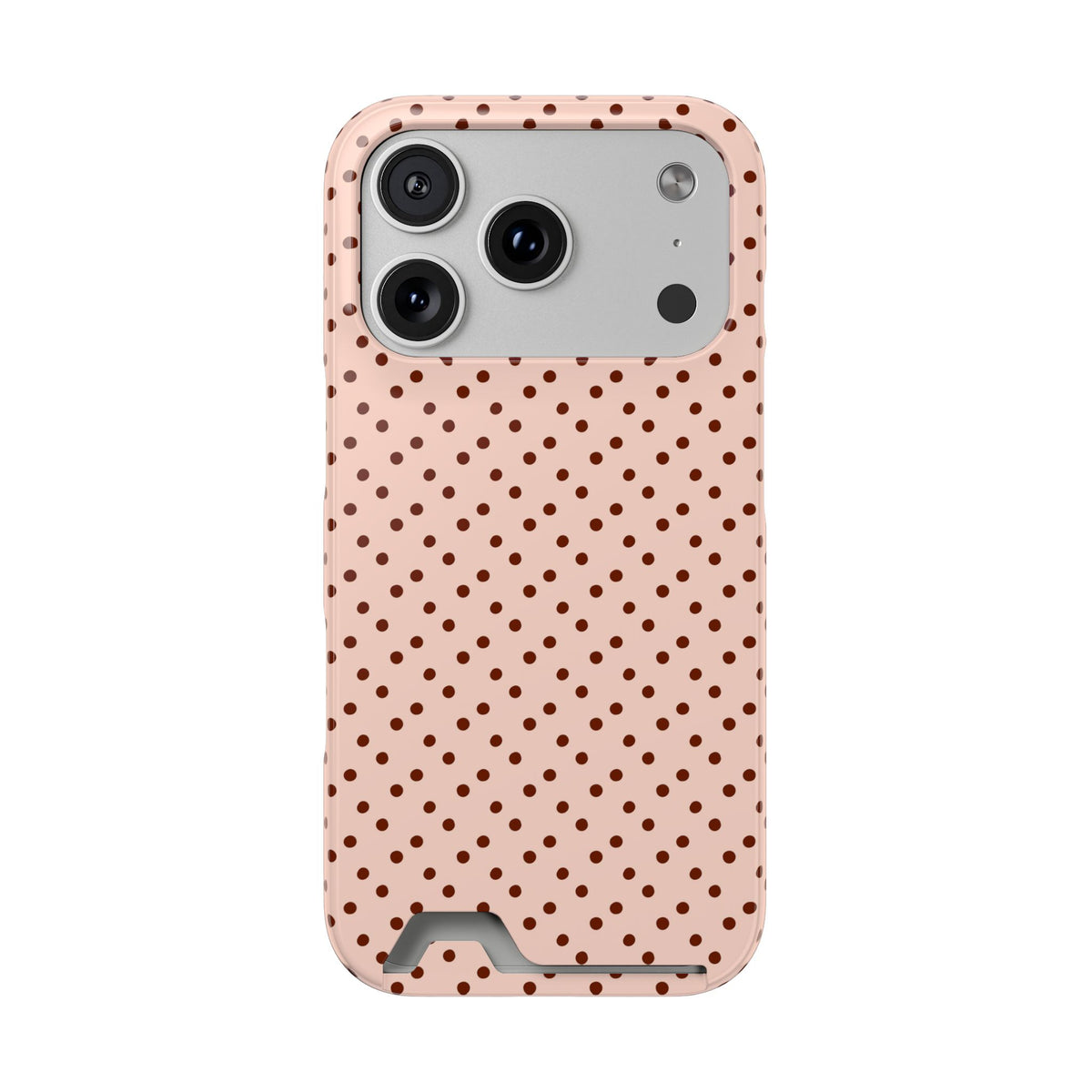Blush Micro Dot phone case with card holder for iPhone 17 Pro, glossy finish