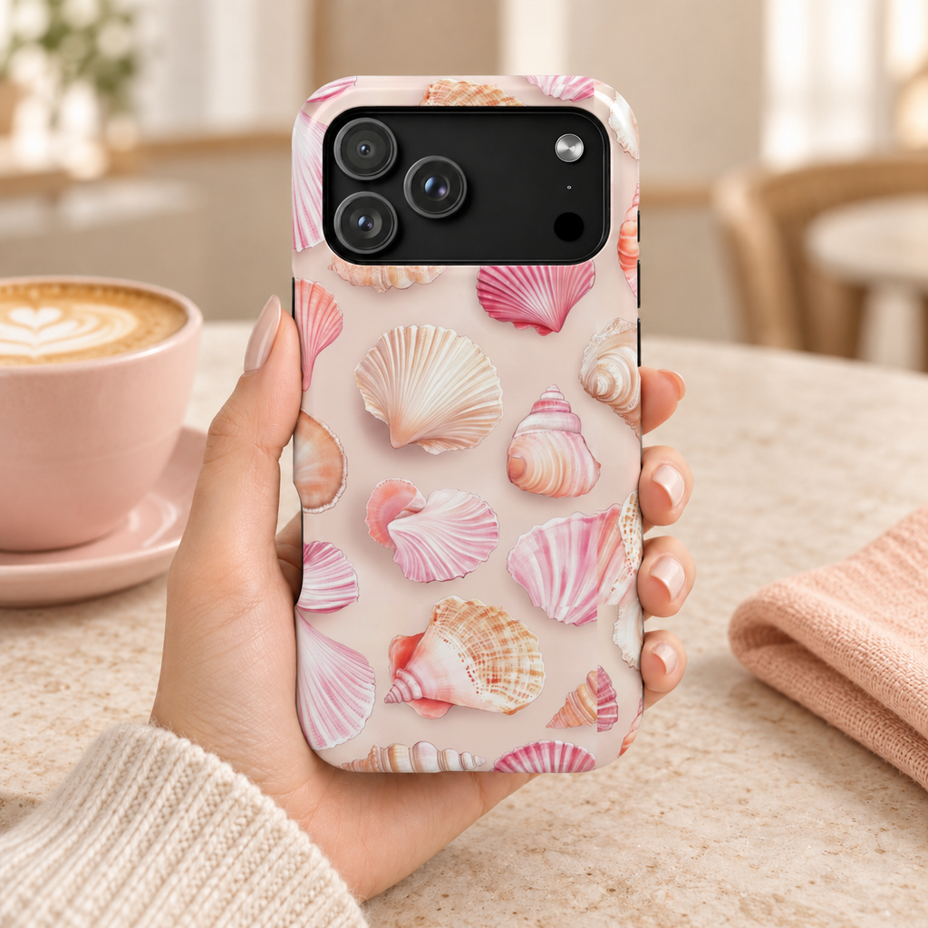 Blush Seashell protective phone case, blush pink seashells and pearls, lifestyle photo in hand with coffee
