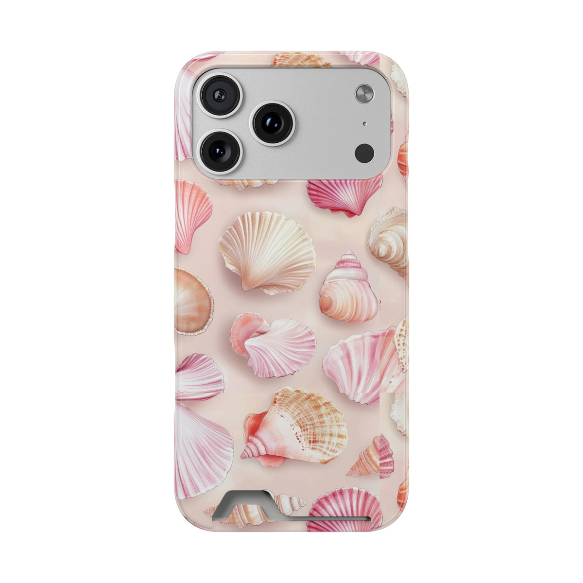 Blush Seashell phone case with card holder for iPhone 17 Pro Max, glossy finish
