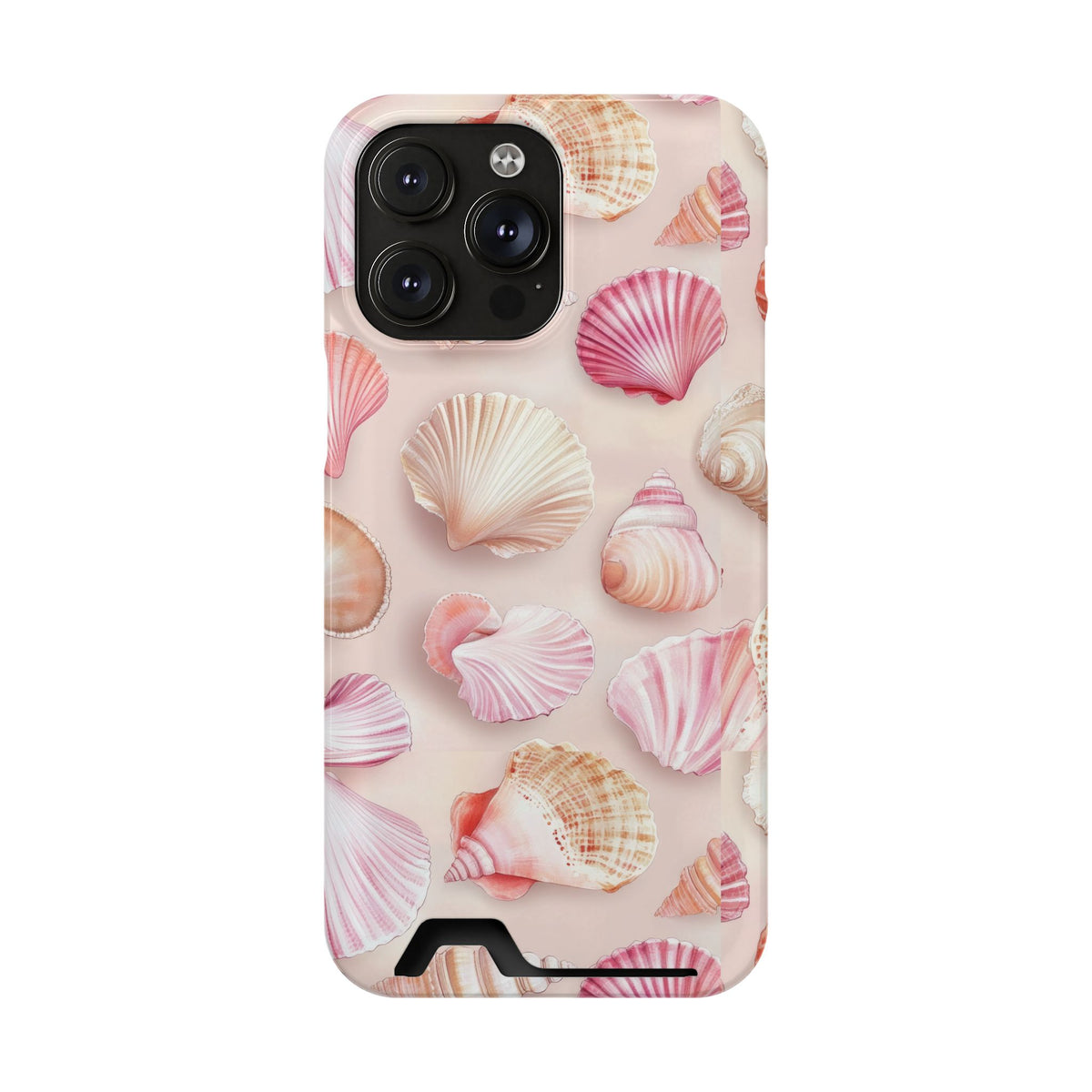 Blush Seashell phone case with card holder for iPhone 14 Pro Max, glossy finish