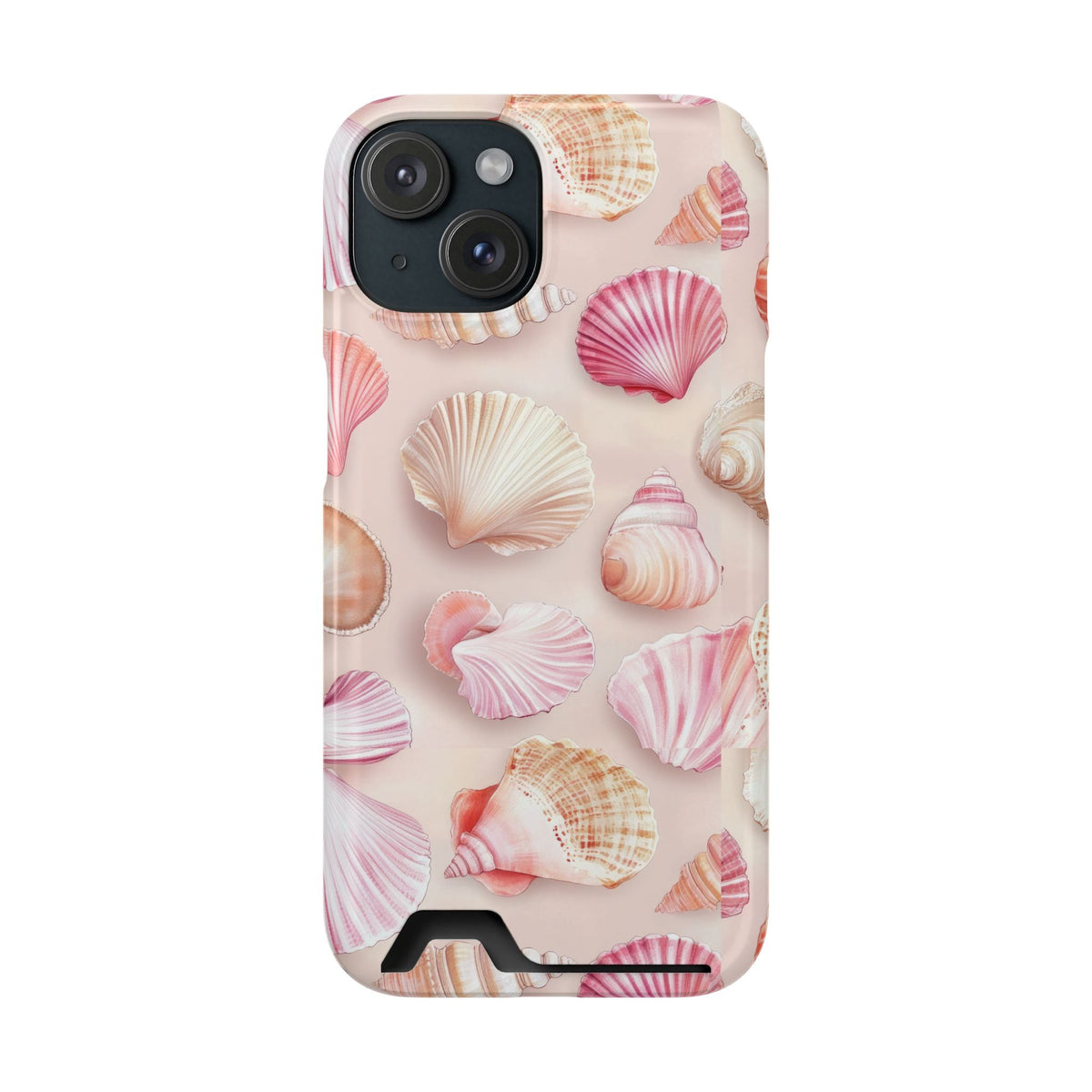 Blush Seashell phone case with card holder for iPhone 15, glossy finish