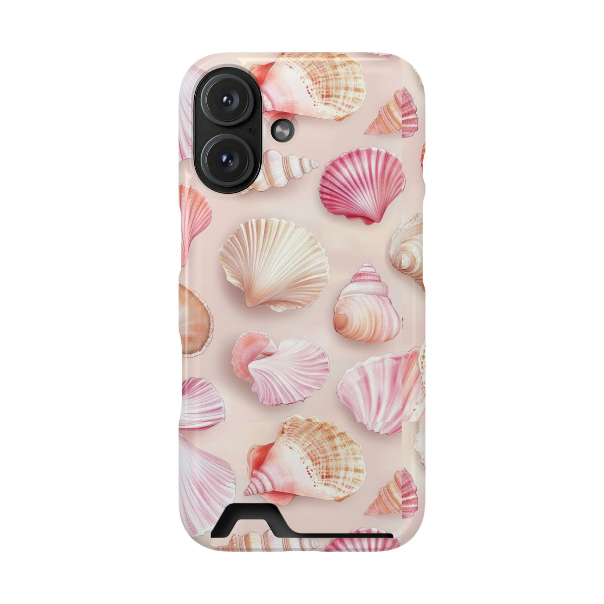 Blush Seashell phone case with card holder for iPhone 16, glossy finish