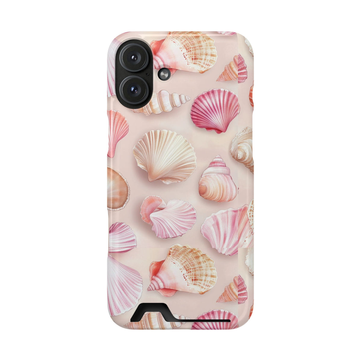 Blush Seashell phone case with card holder for iPhone 16 Plus, glossy finish