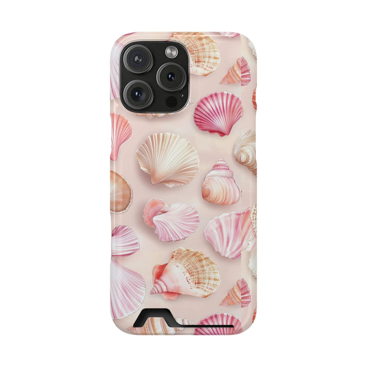 Blush Seashell phone case with card holder for iPhone 16 Pro Max, glossy finish
