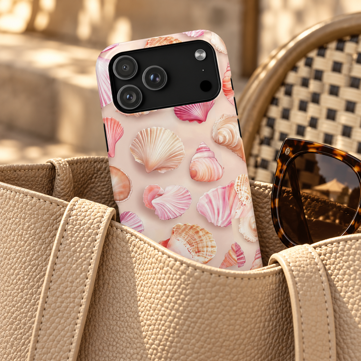Blush Seashell phone case with card holder, blush pink seashells and pearls, lifestyle photo in a handbag