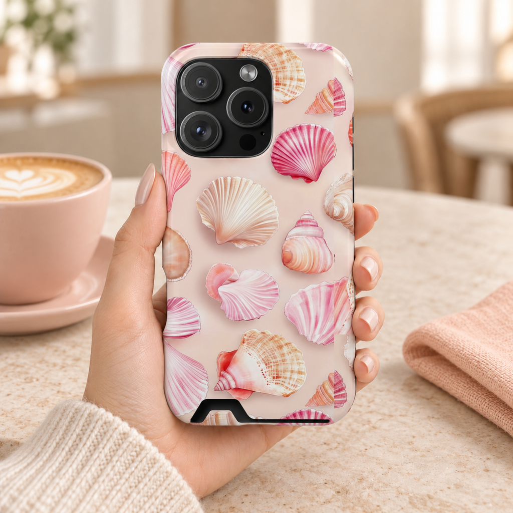 Blush Seashell phone case with card holder, blush pink seashells and pearls, lifestyle photo in hand with coffee