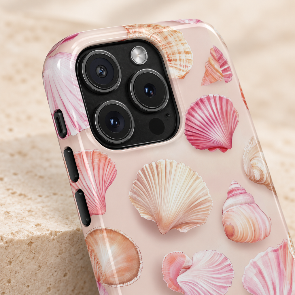 Blush Seashell phone case with card holder, blush pink seashells and pearls, lifestyle close-up of the camera