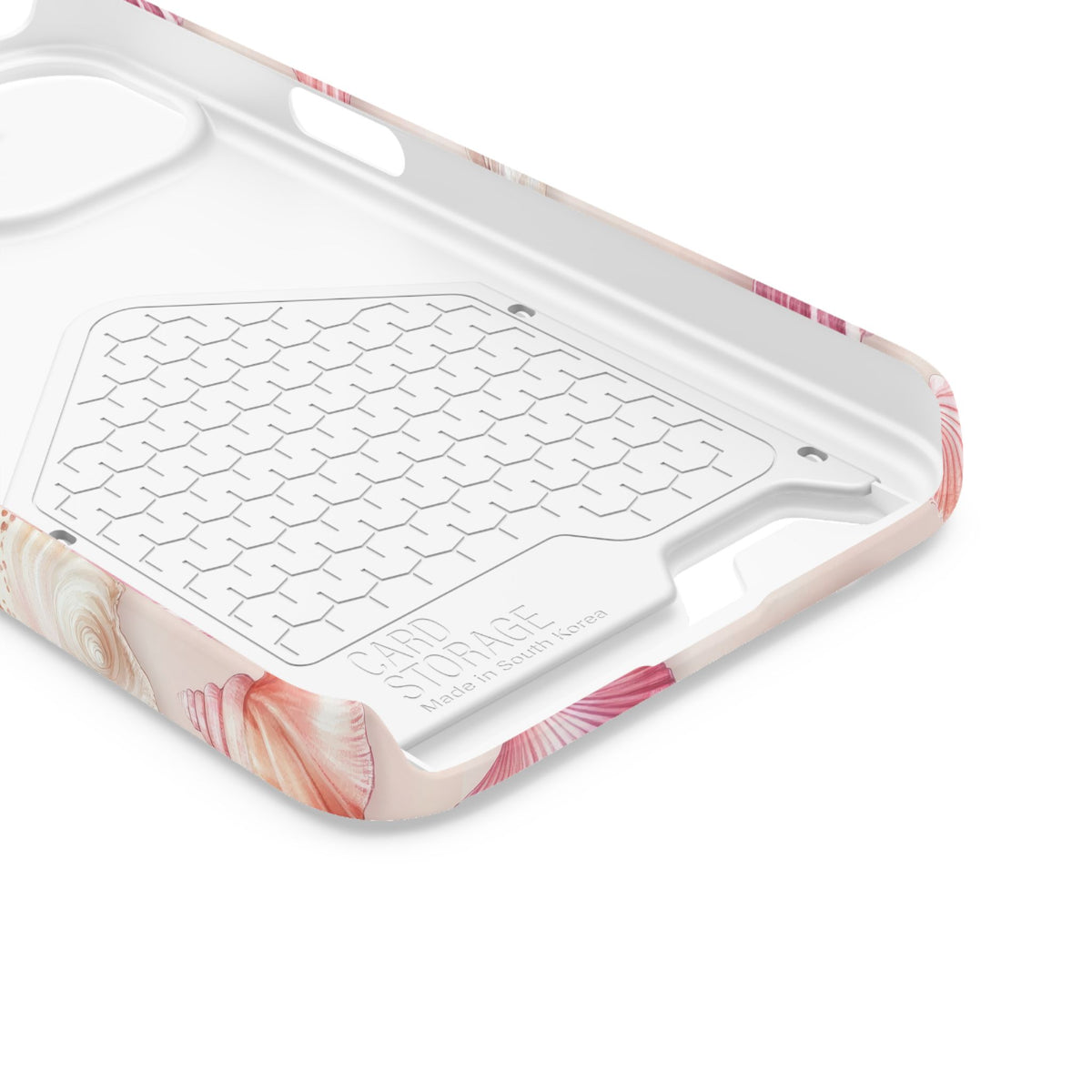 Blush Seashell phone case with card holder for iPhone 13, glossy finish
