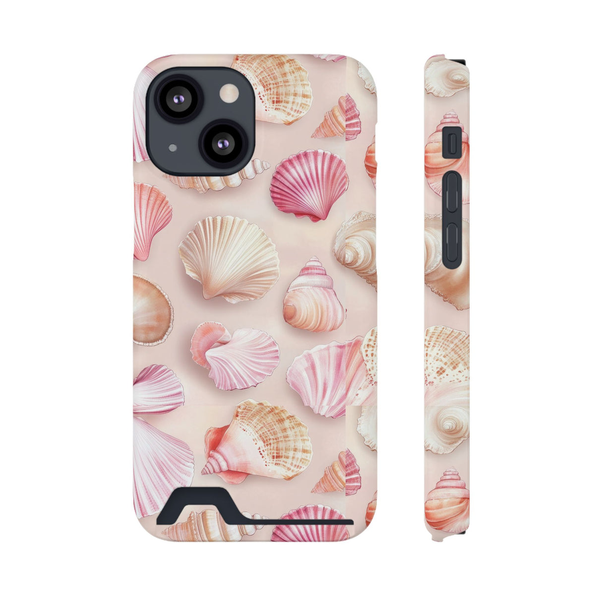 Blush Seashell phone case with card holder for iPhone 13 Mini, glossy finish
