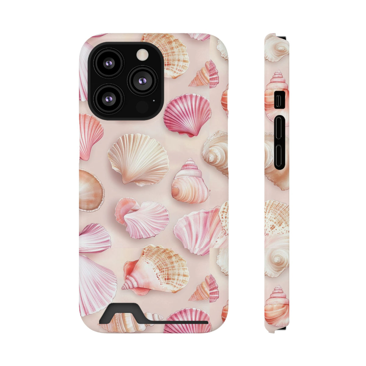 Blush Seashell phone case with card holder for iPhone 13 Pro, glossy finish
