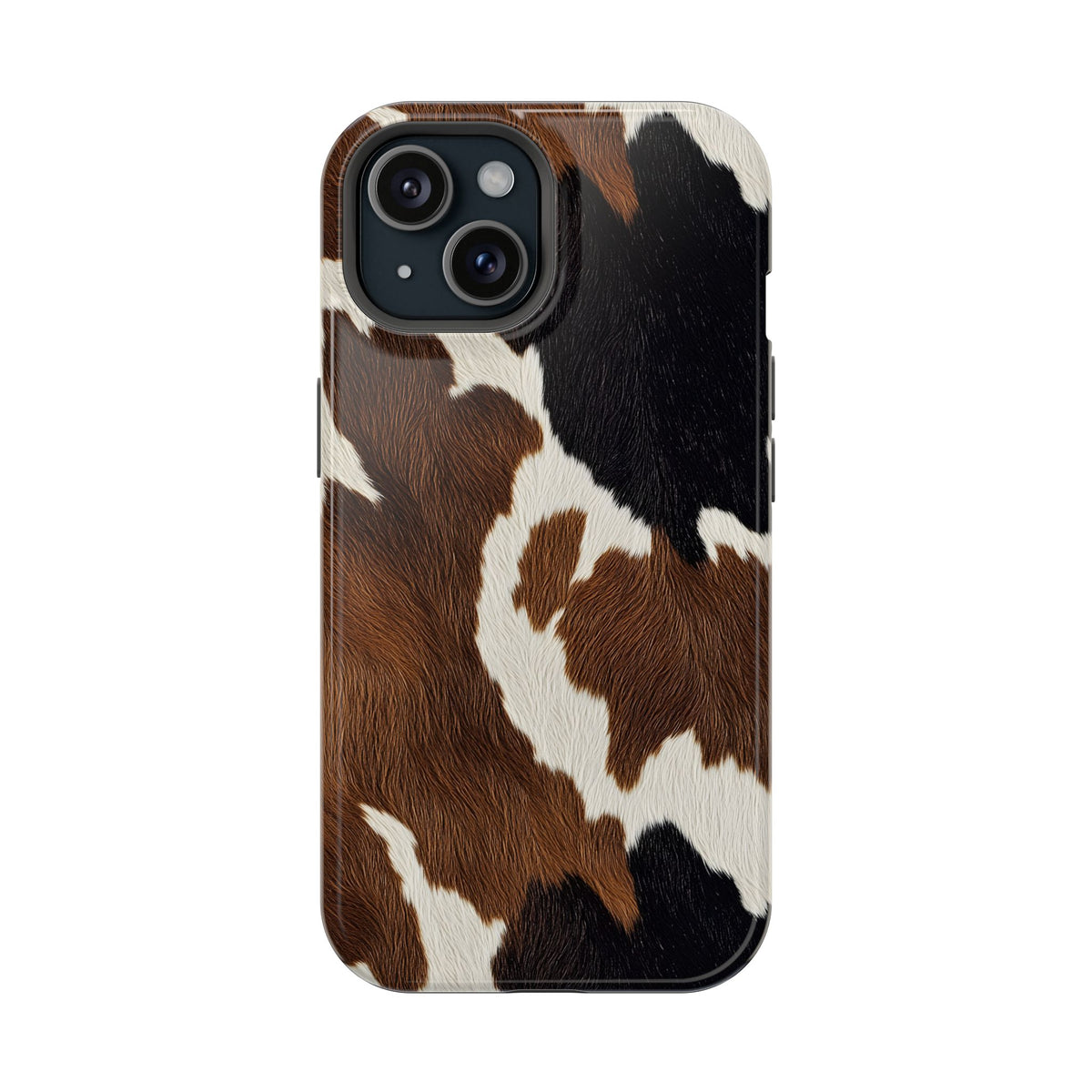 Brown Cow Print protective phone case for iPhone 15, glossy finish