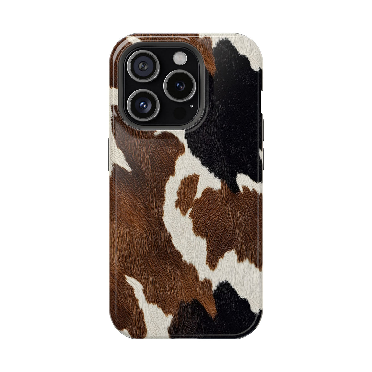 Brown Cow Print protective phone case for iPhone 15 Pro, glossy finish
