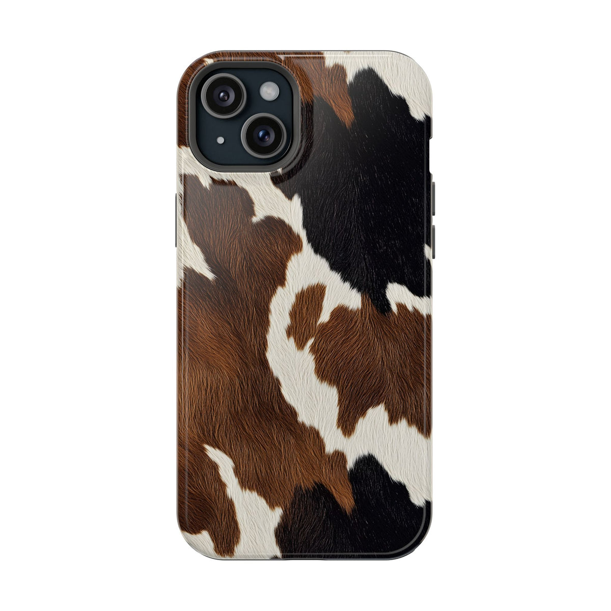 Brown Cow Print protective phone case for iPhone 15 Plus, glossy finish