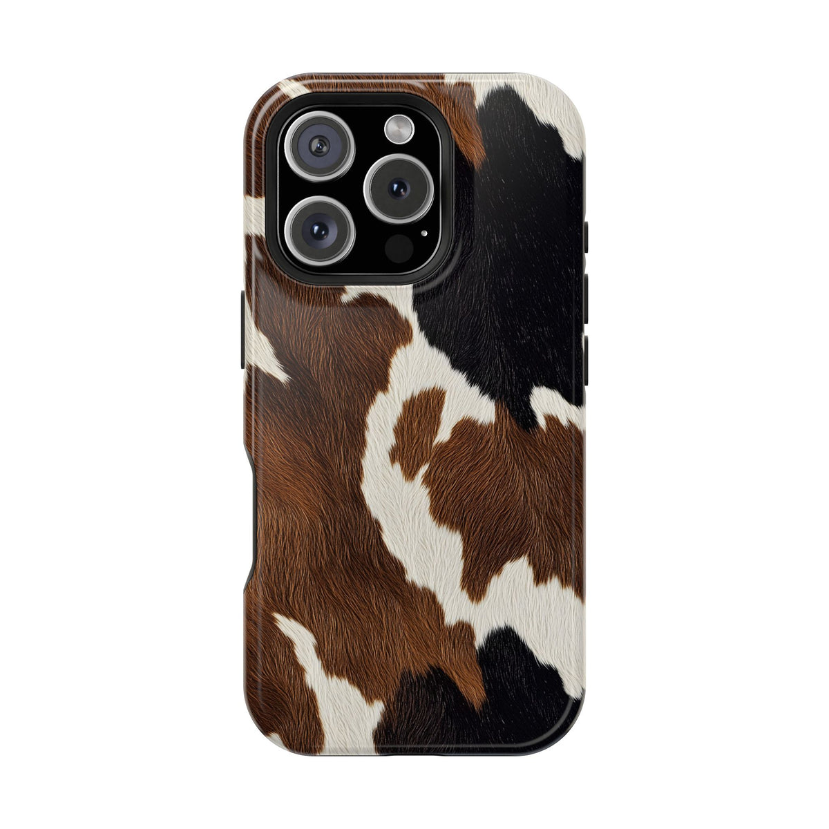 Brown Cow Print protective phone case for iPhone 16 Pro, glossy finish