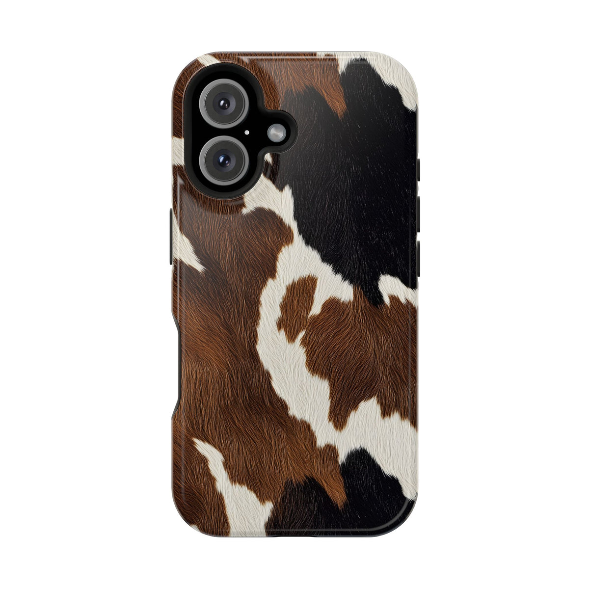 Brown Cow Print protective phone case for iPhone 16, glossy finish