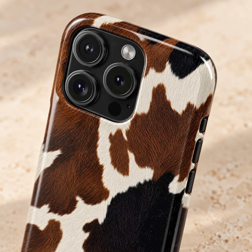 Brown Cow Print protective phone case, brown and white cowhide spots, lifestyle close-up of the camera