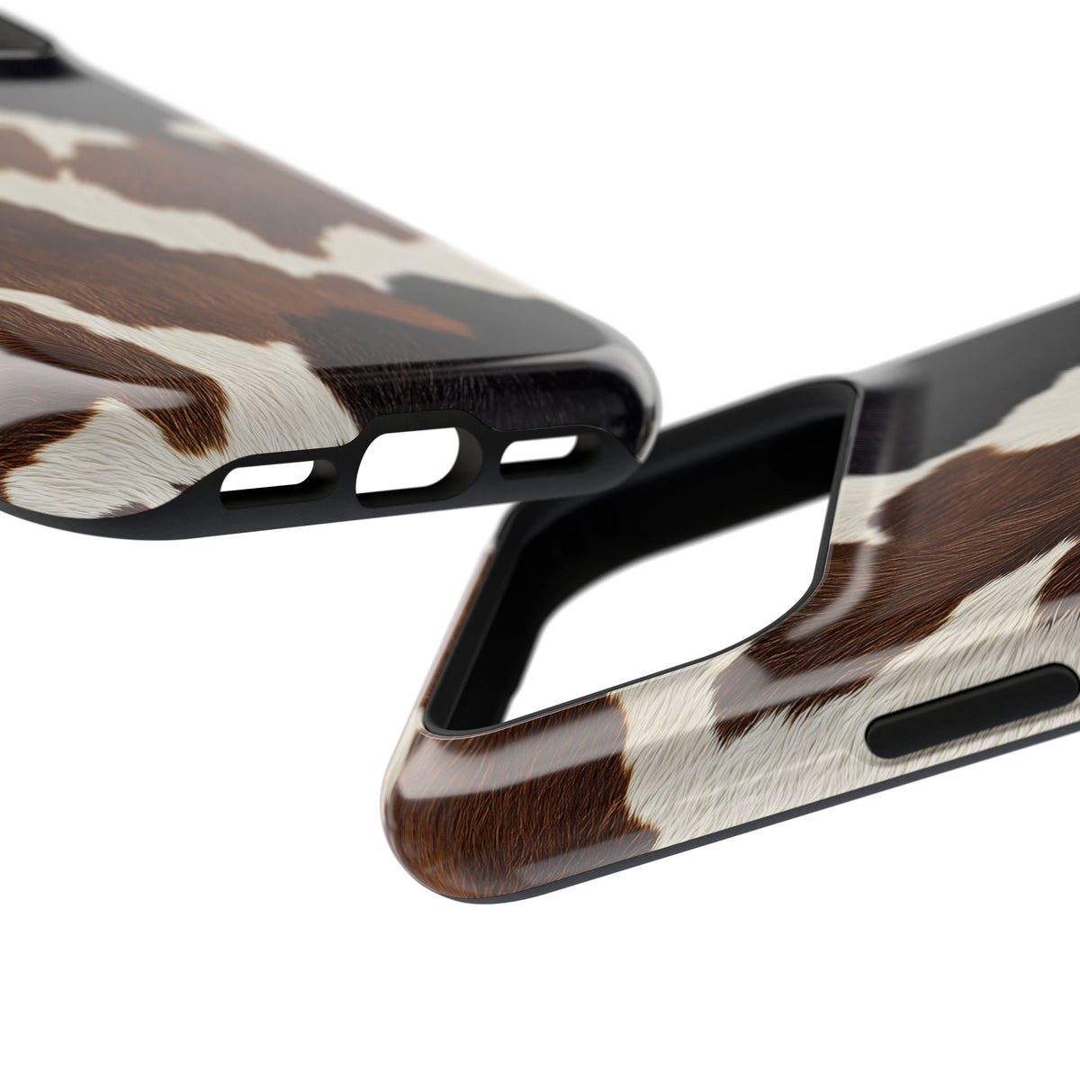 Brown Cow Print protective phone case, close-up at an angle