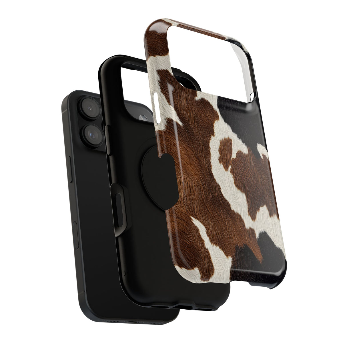 Brown Cow Print protective phone case, close-up of the dual-layer construction