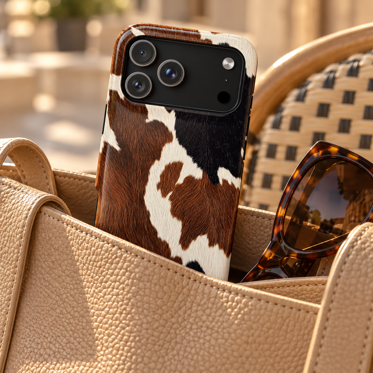 Brown Cow Print MagSafe case, brown and white cowhide spots, lifestyle photo in a handbag
