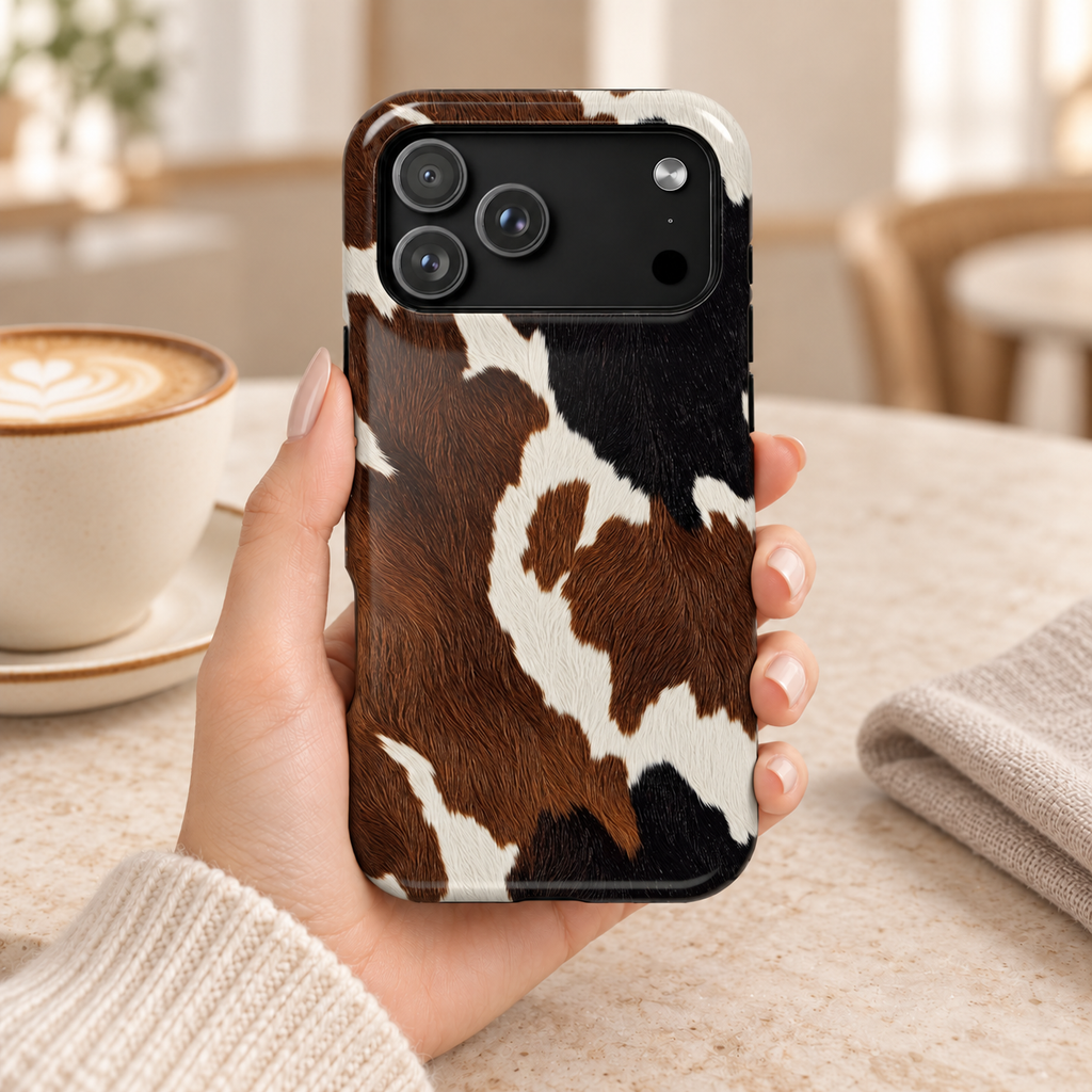 Brown Cow Print MagSafe case, brown and white cowhide spots, lifestyle photo in hand with coffee