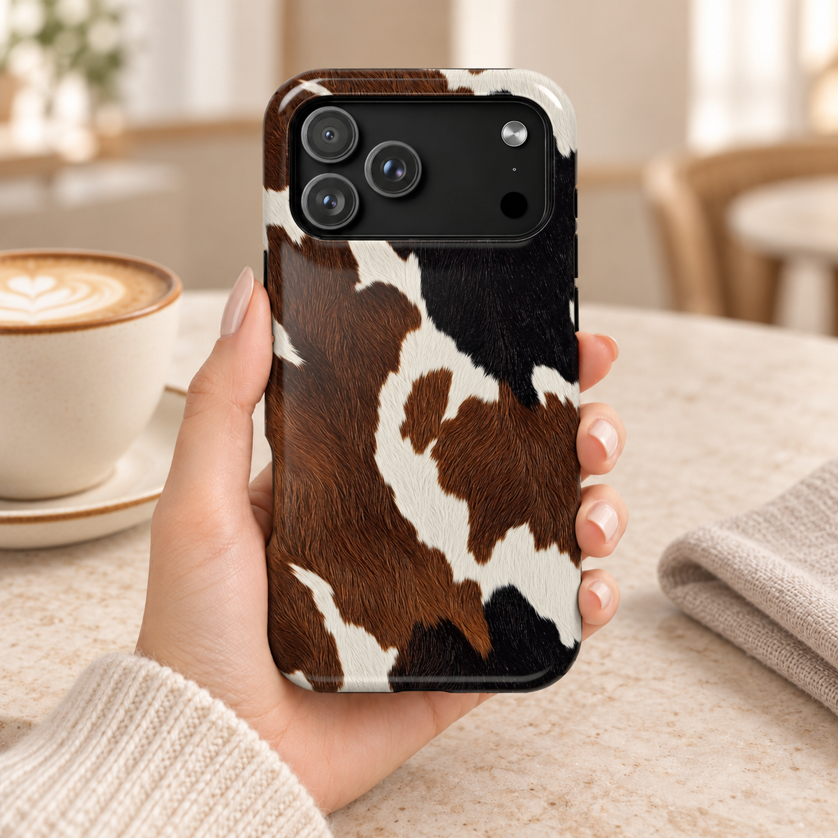 Brown Cow Print MagSafe case, brown and white cowhide spots, lifestyle photo in hand with coffee