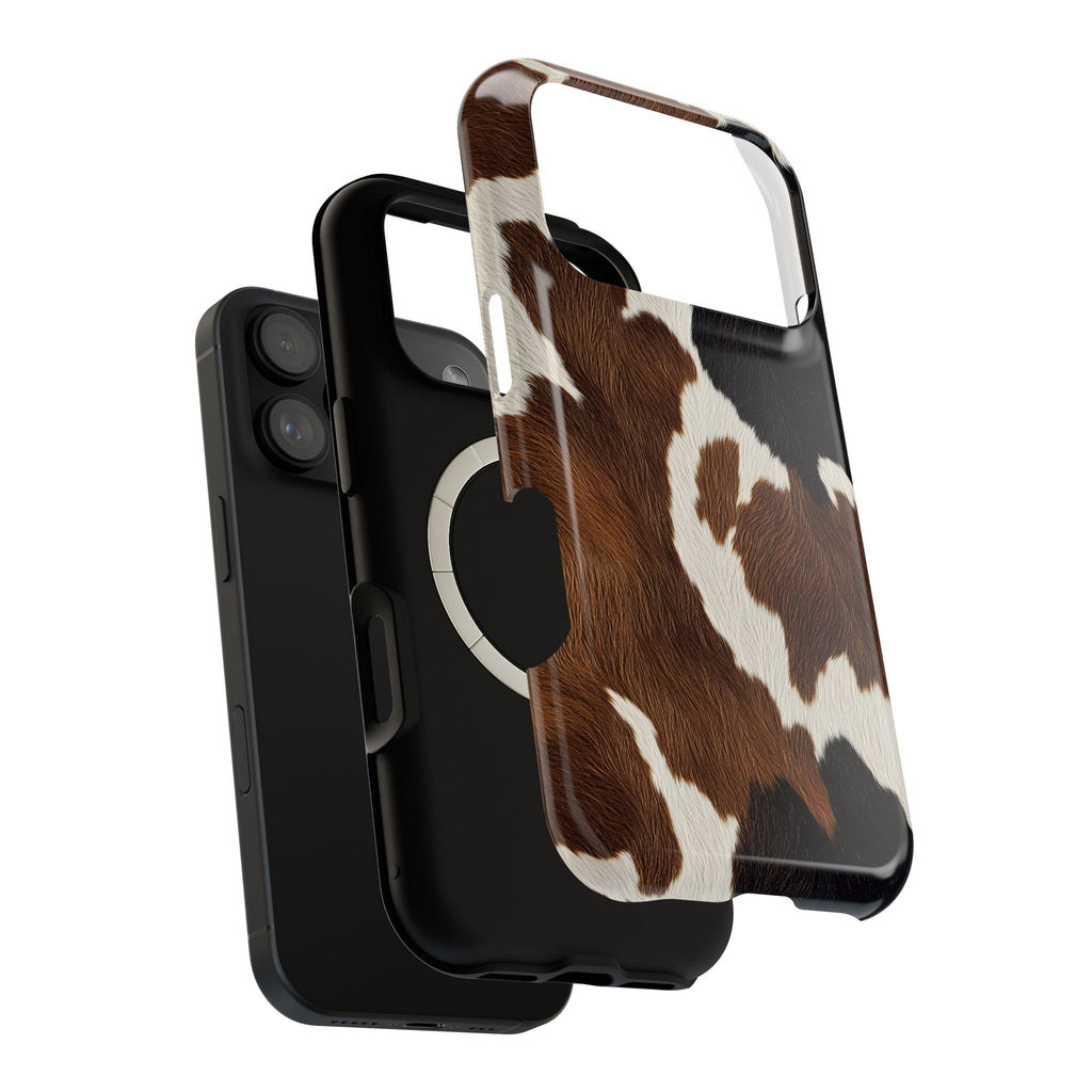Brown Cow Print MagSafe case, close-up of the dual-layer construction