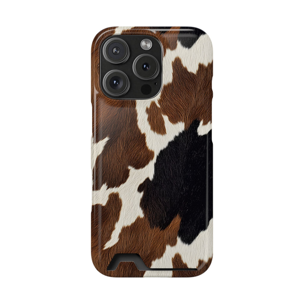 Brown Cow Print phone case with card holder for iPhone 16 Pro, glossy finish