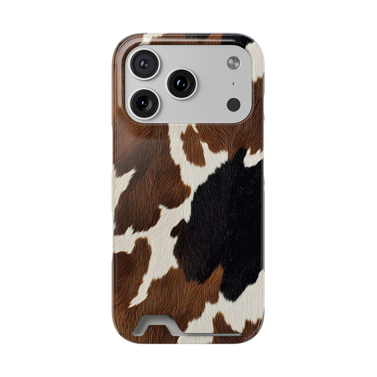 Brown Cow Print phone case with card holder for iPhone 17 Pro, glossy finish