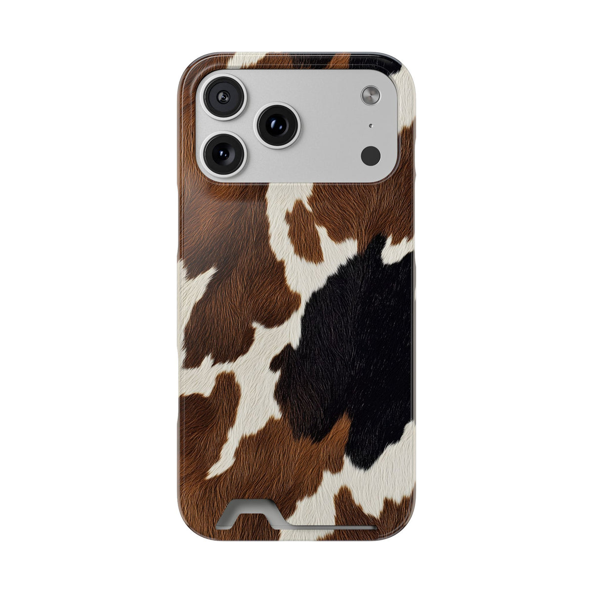 Brown Cow Print phone case with card holder for iPhone 17 Pro Max, glossy finish