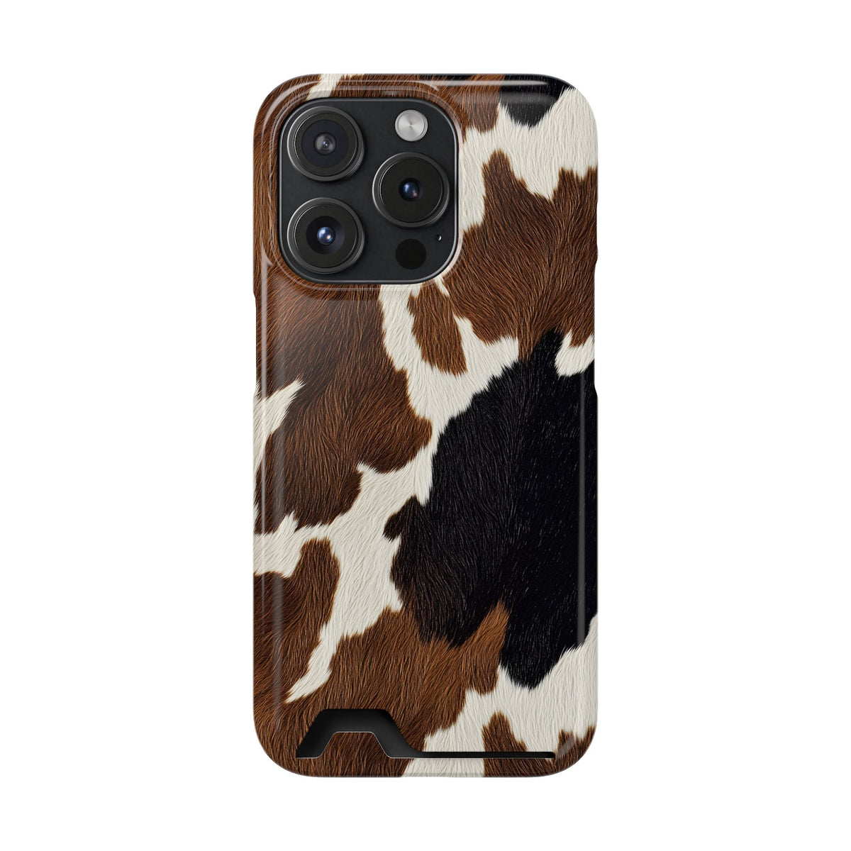 Brown Cow Print phone case with card holder for iPhone 15 Pro, glossy finish
