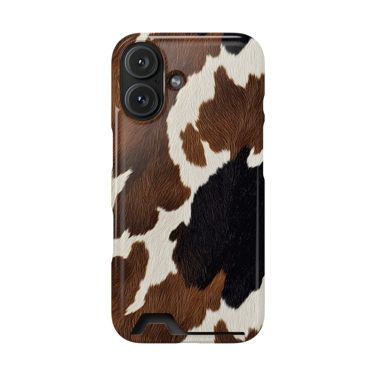 Brown Cow Print phone case with card holder for iPhone 16, glossy finish