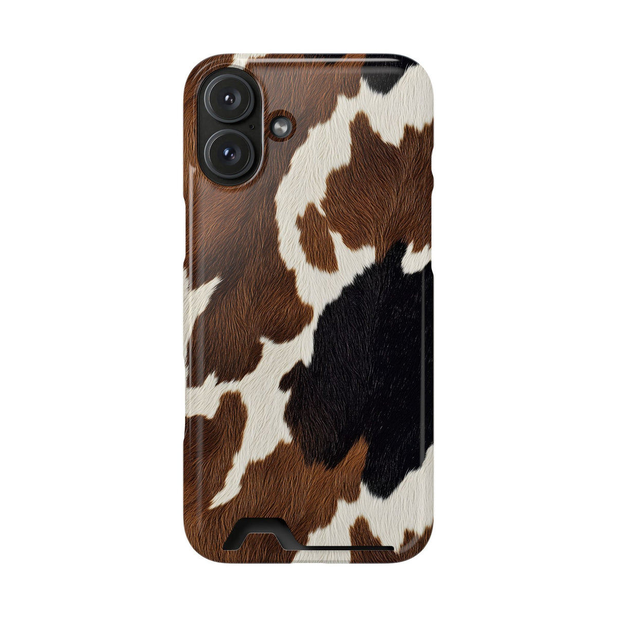 Brown Cow Print phone case with card holder for iPhone 16 Plus, glossy finish