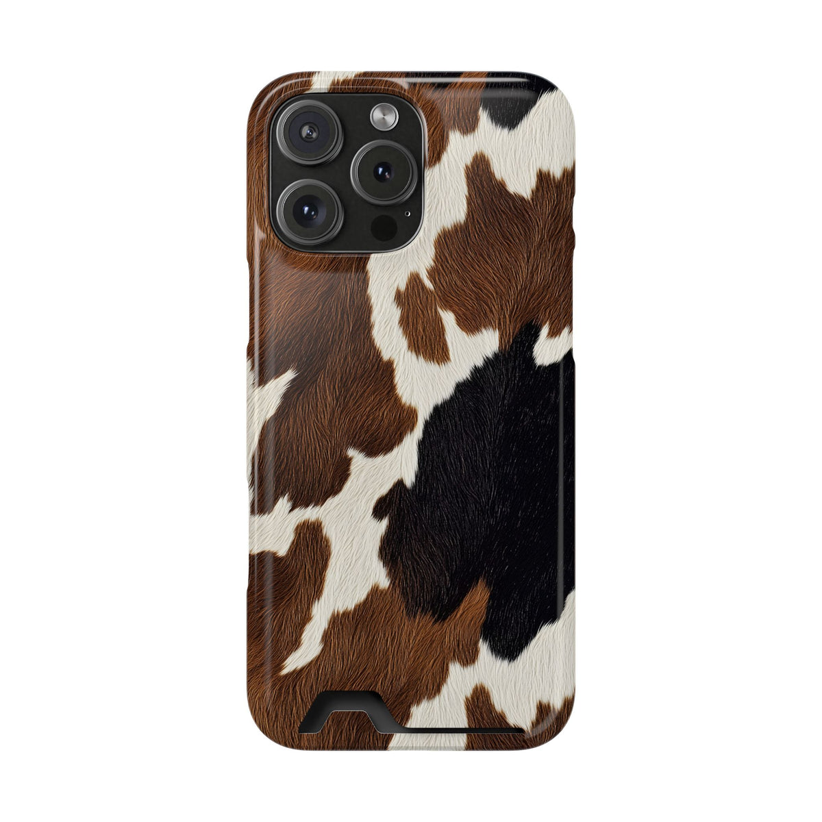 Brown Cow Print phone case with card holder for iPhone 16 Pro Max, glossy finish