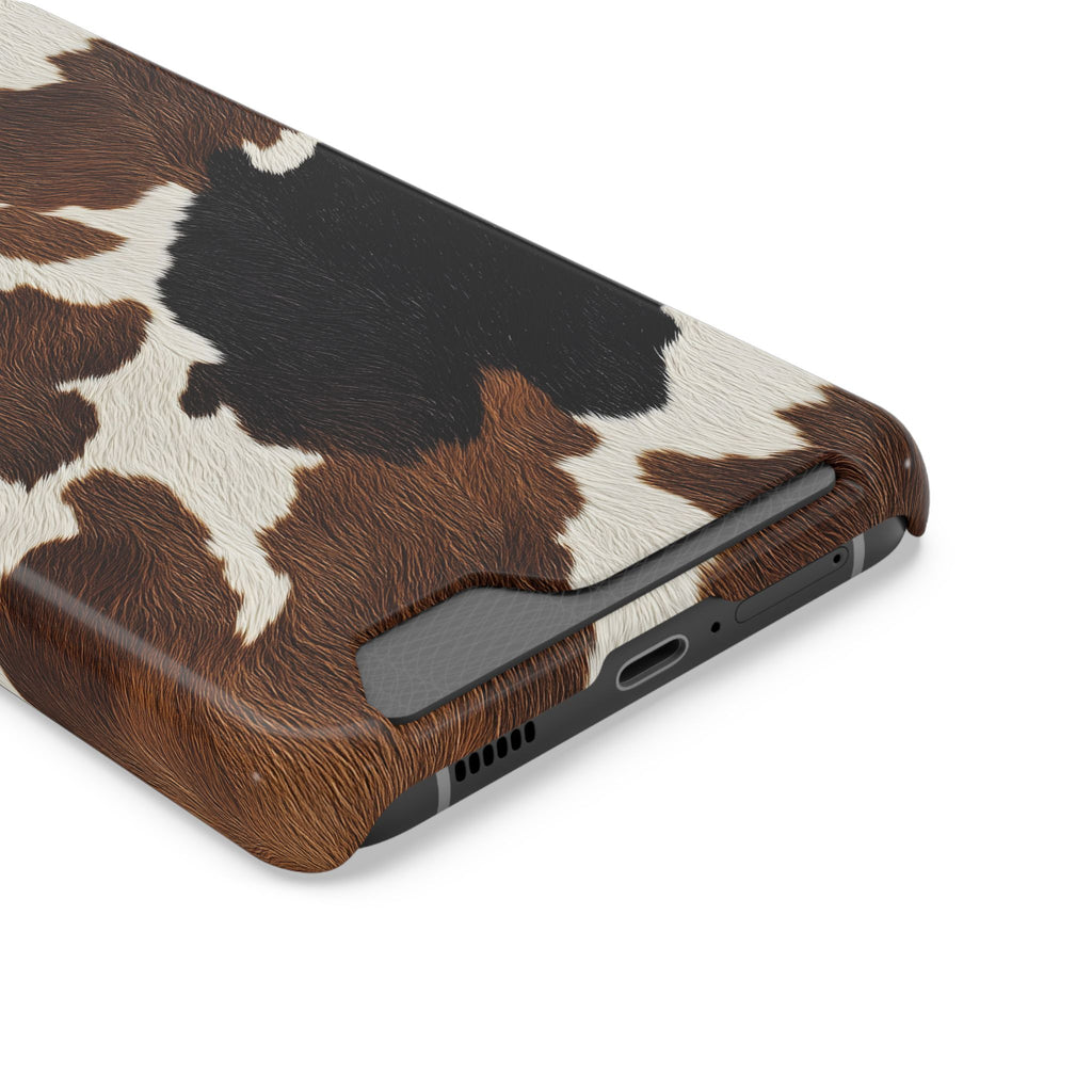 Brown Cow Print phone case with card holder, close-up of the card slot