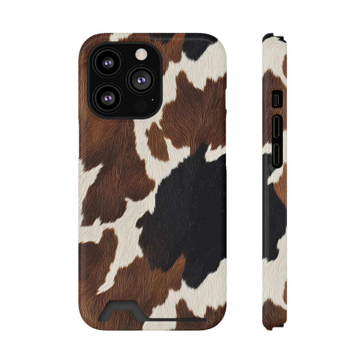 Brown Cow Print phone case with card holder for iPhone 13 Pro, glossy finish