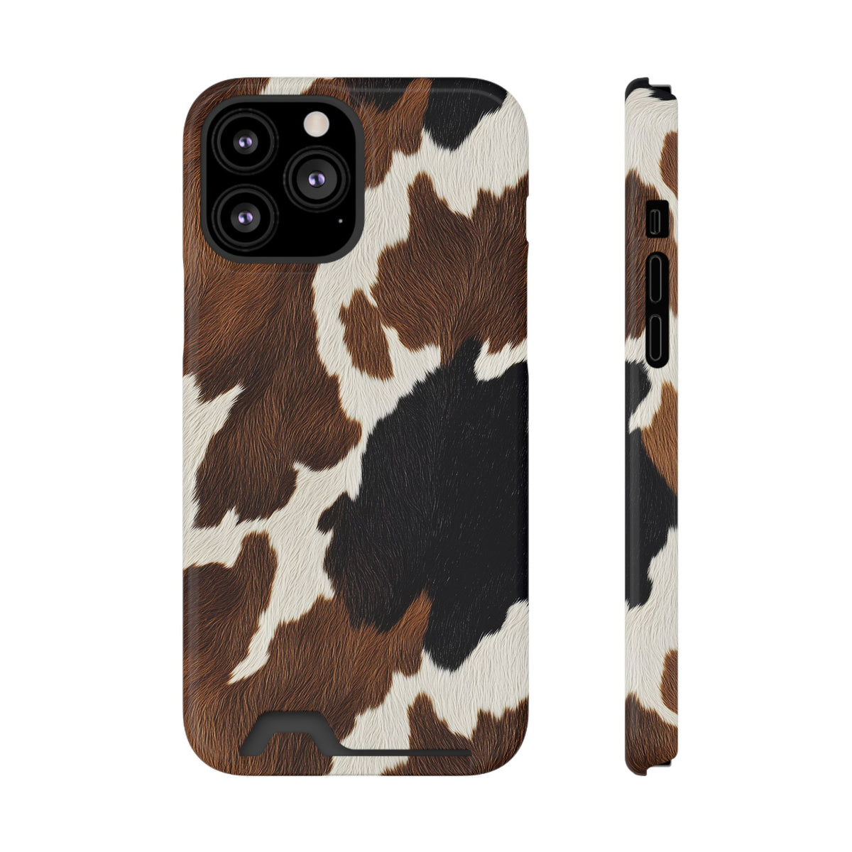 Brown Cow Print phone case with card holder for iPhone 13 Pro Max, glossy finish