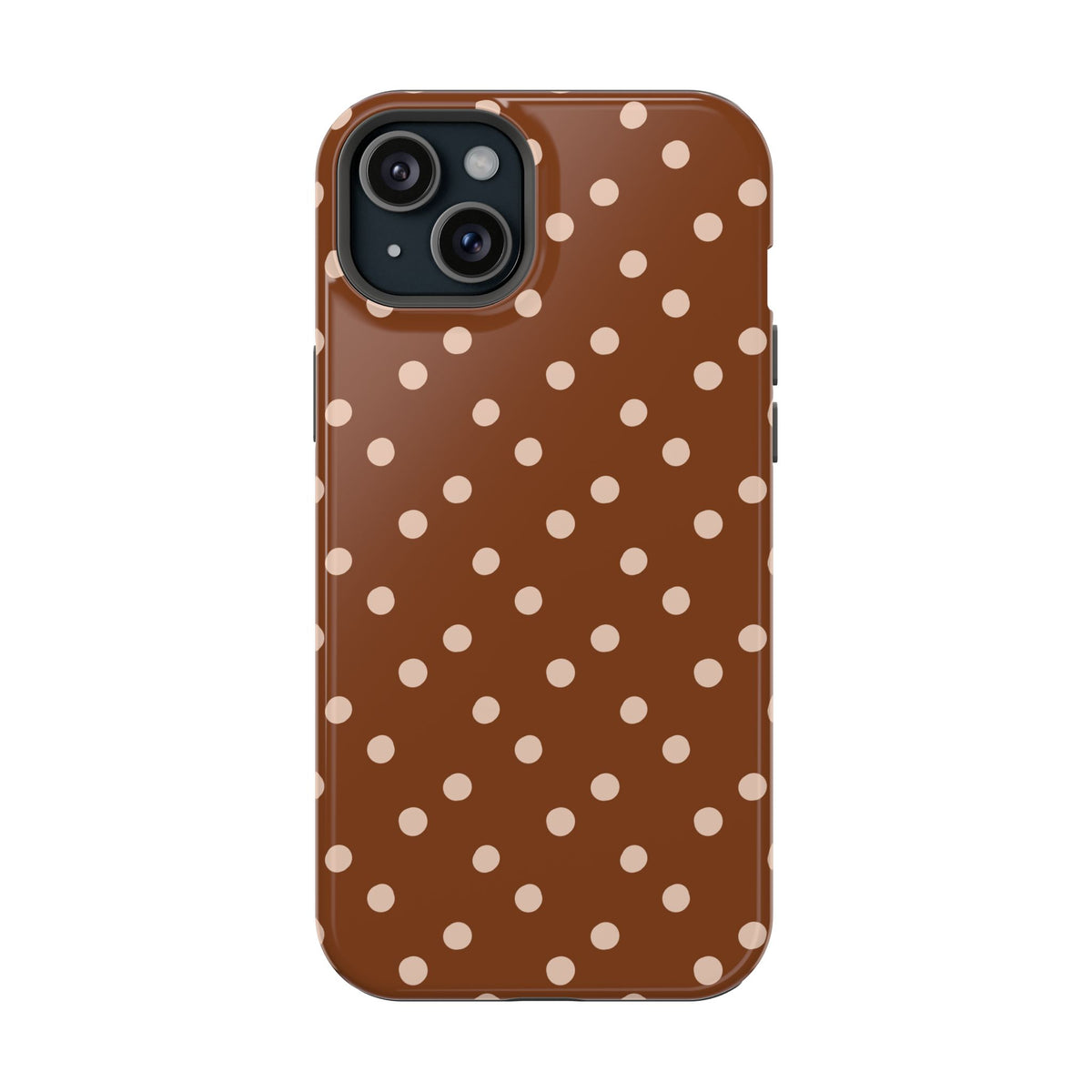 Brown Polka Dot protective phone case for iPhone 15 Plus, glossy finish