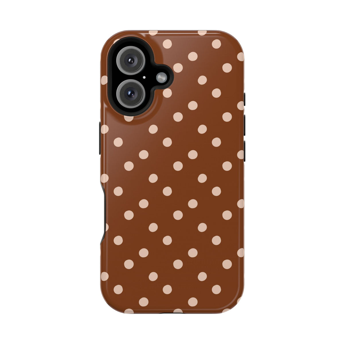 Brown Polka Dot protective phone case for iPhone 16, glossy finish