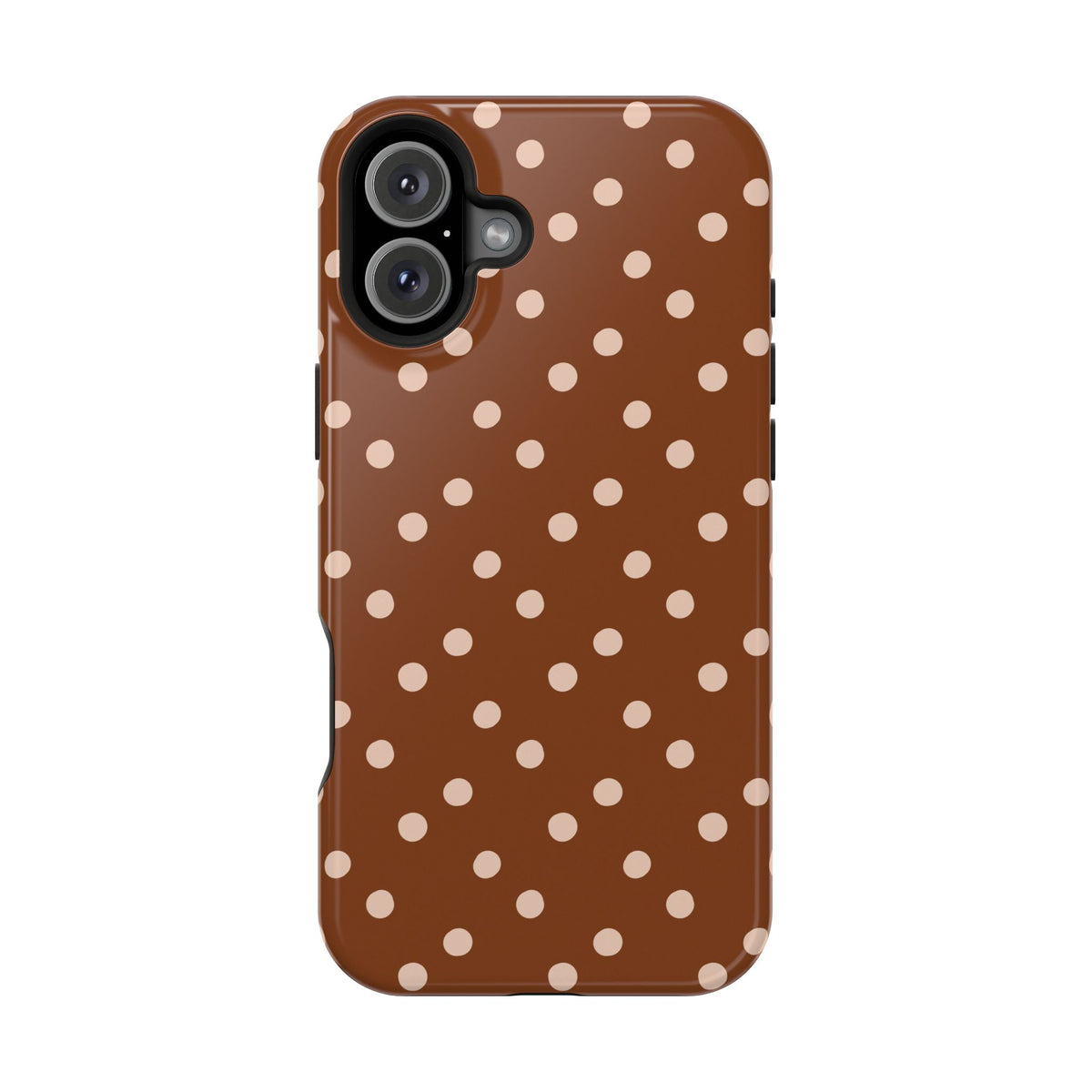 Brown Polka Dot protective phone case for iPhone 16 Plus, glossy finish