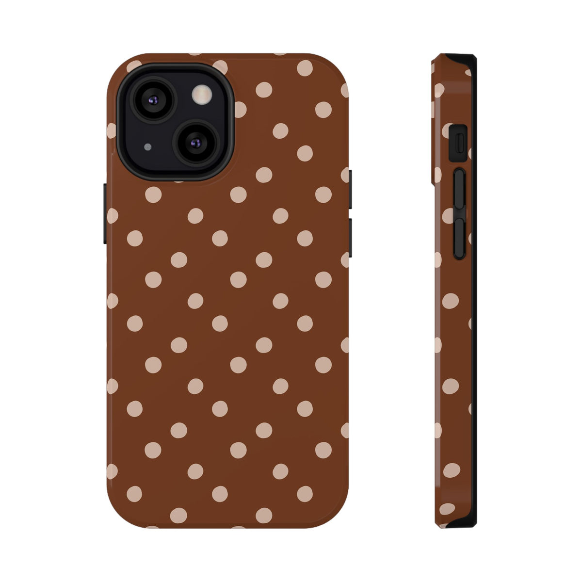 Brown Polka Dot protective phone case for iPhone 13 Mini, glossy finish