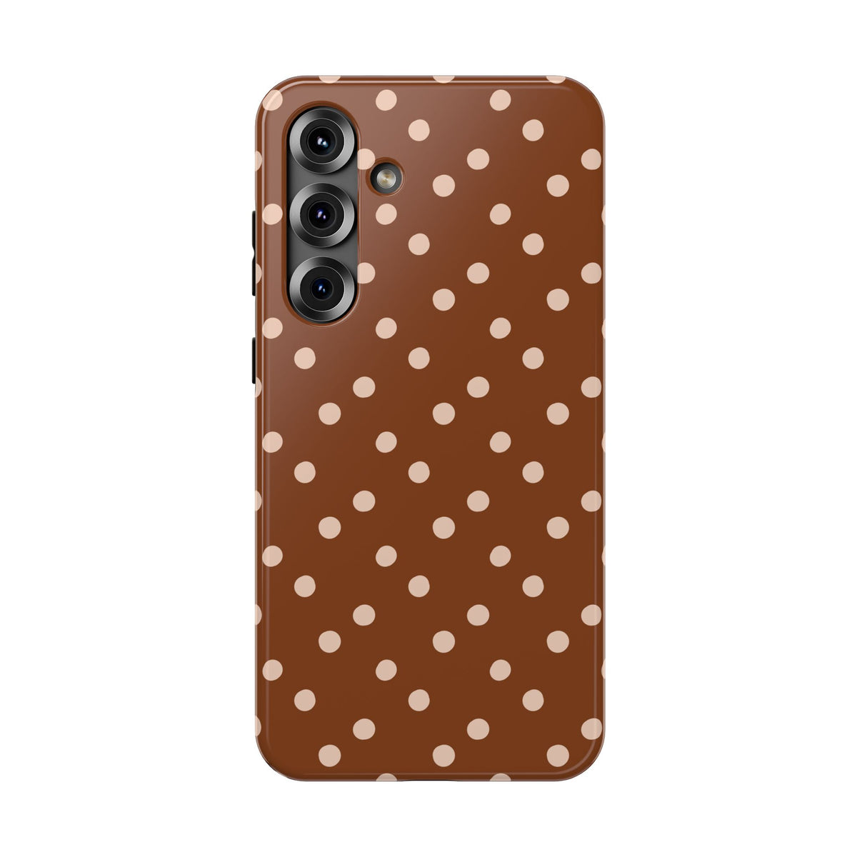 Brown Polka Dot protective phone case for Samsung Galaxy S25 Plus, glossy finish
