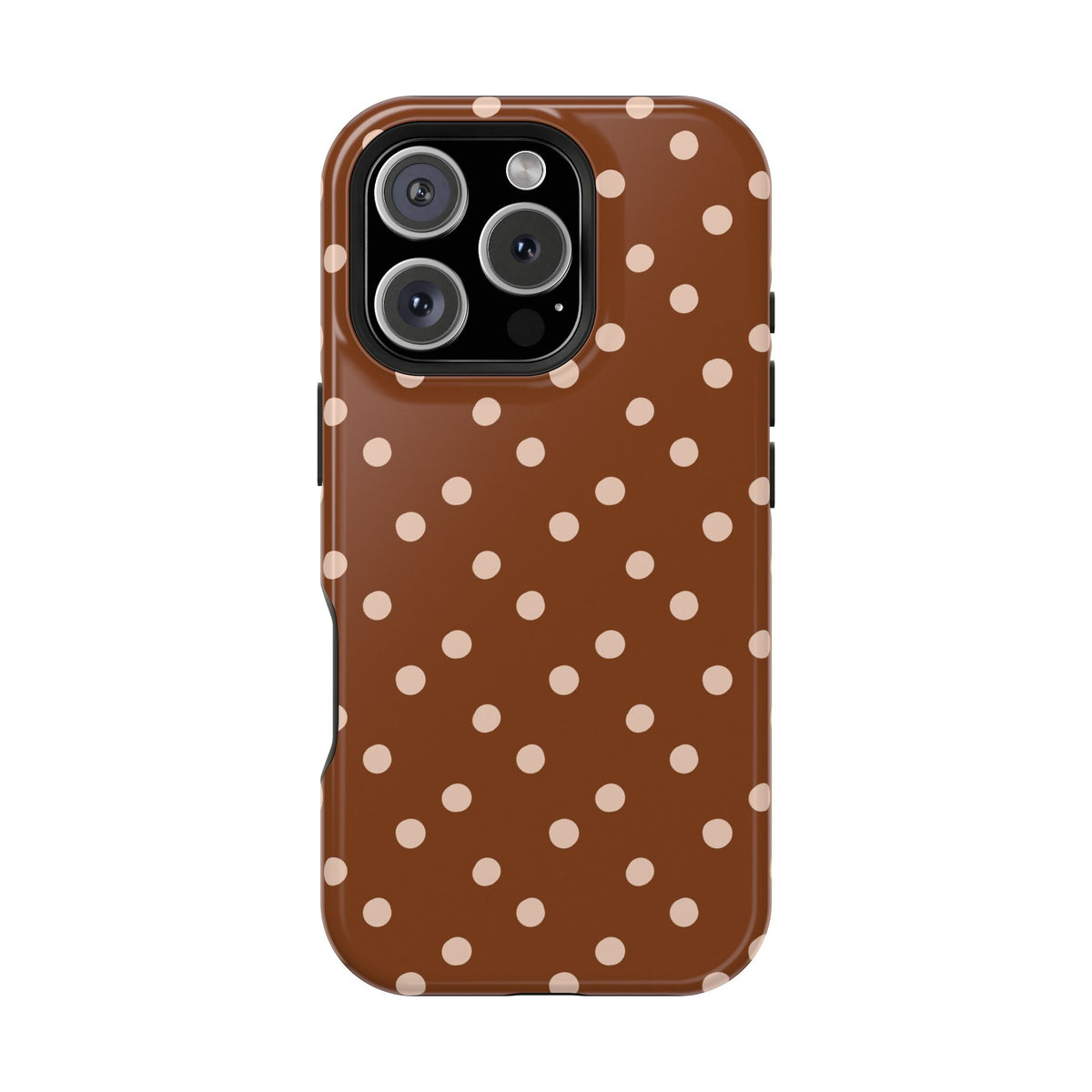 Brown Polka Dot MagSafe case for iPhone 16 Pro, glossy finish