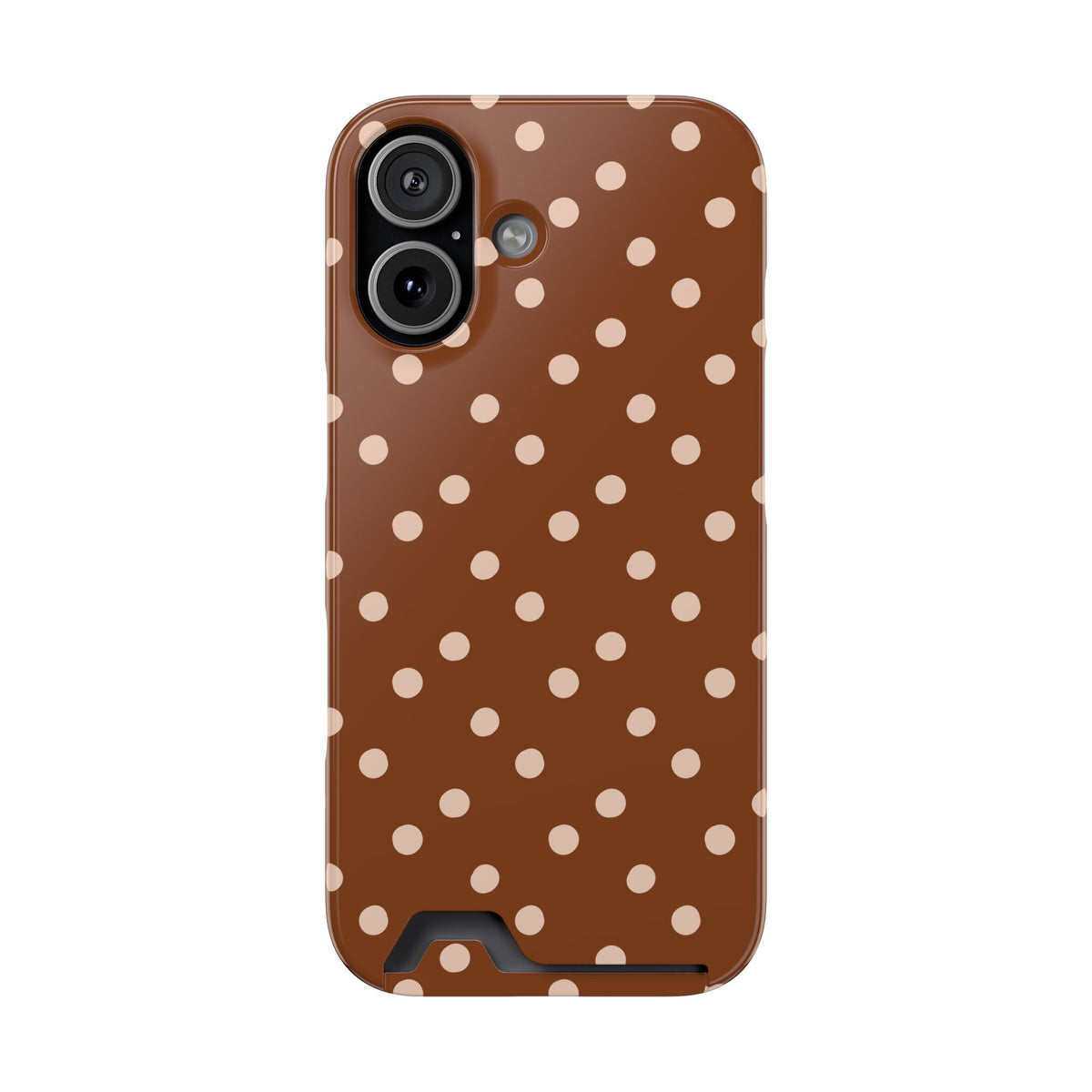 Brown Polka Dot phone case with card holder for iPhone 17, glossy finish