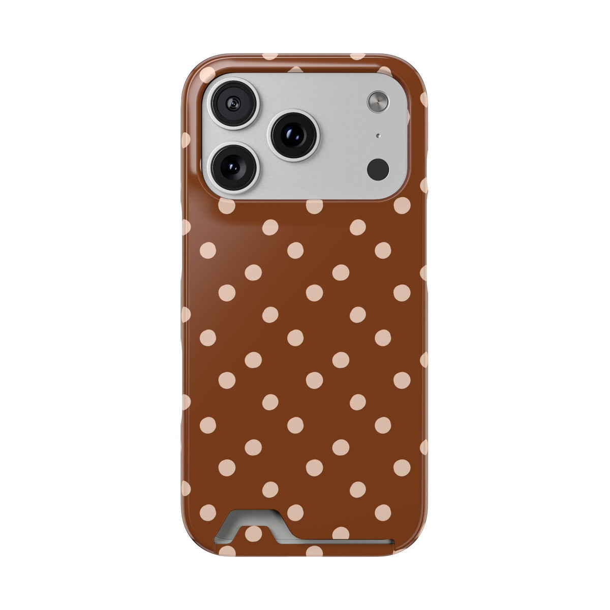 Brown Polka Dot phone case with card holder for iPhone 17 Pro, glossy finish