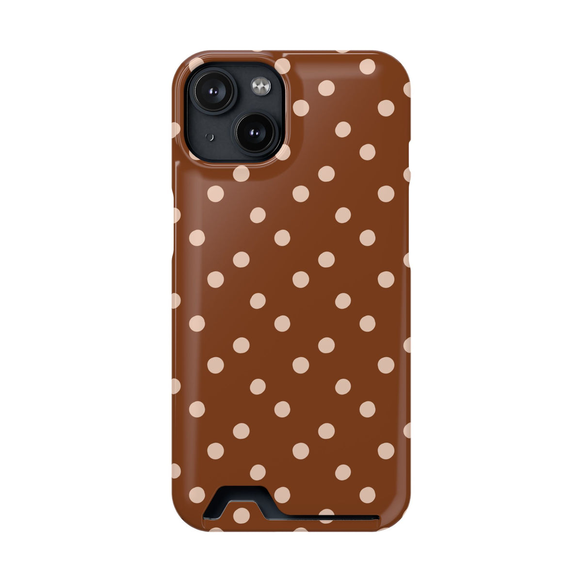 Brown Polka Dot phone case with card holder for iPhone 14, glossy finish