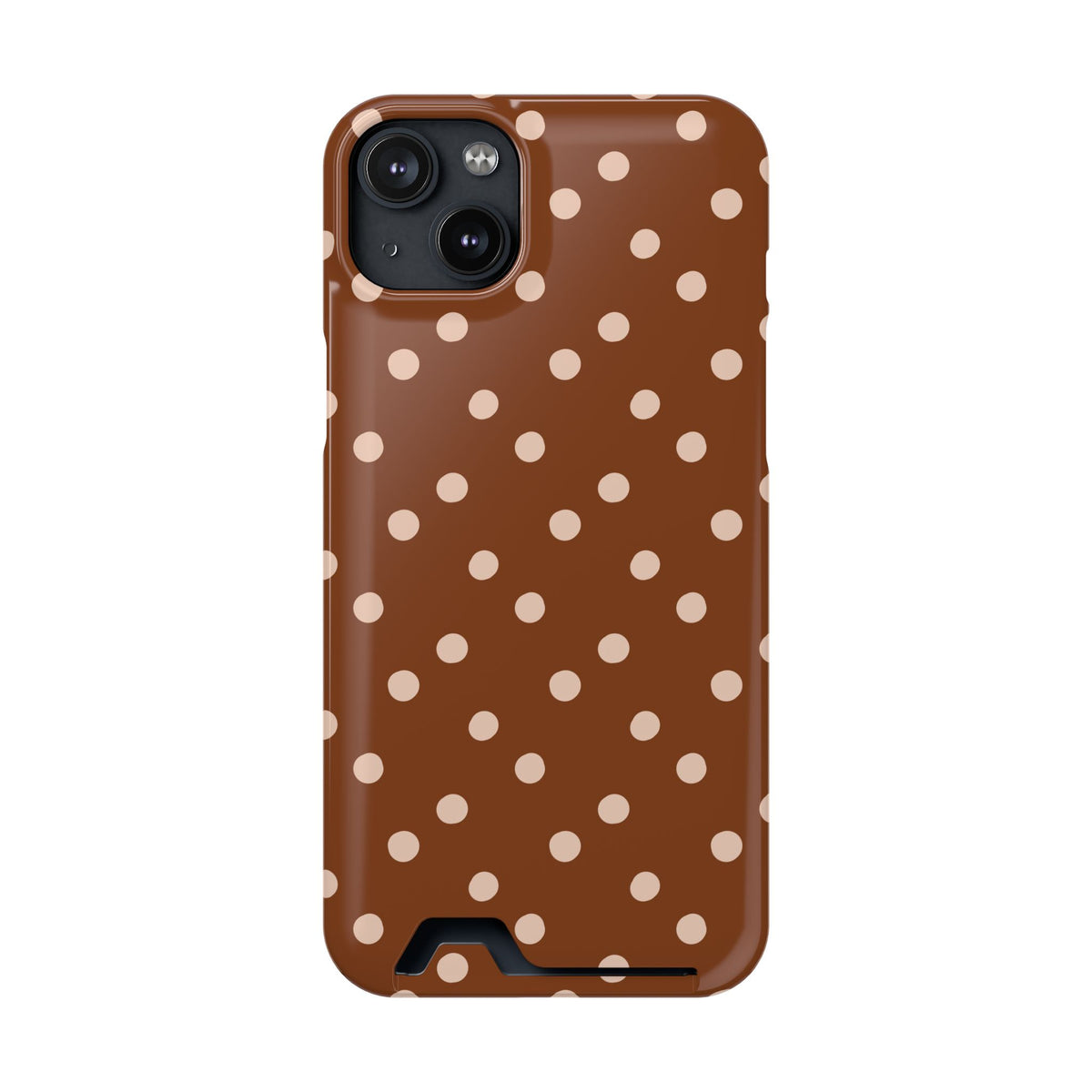 Brown Polka Dot phone case with card holder for iPhone 14 Plus, glossy finish