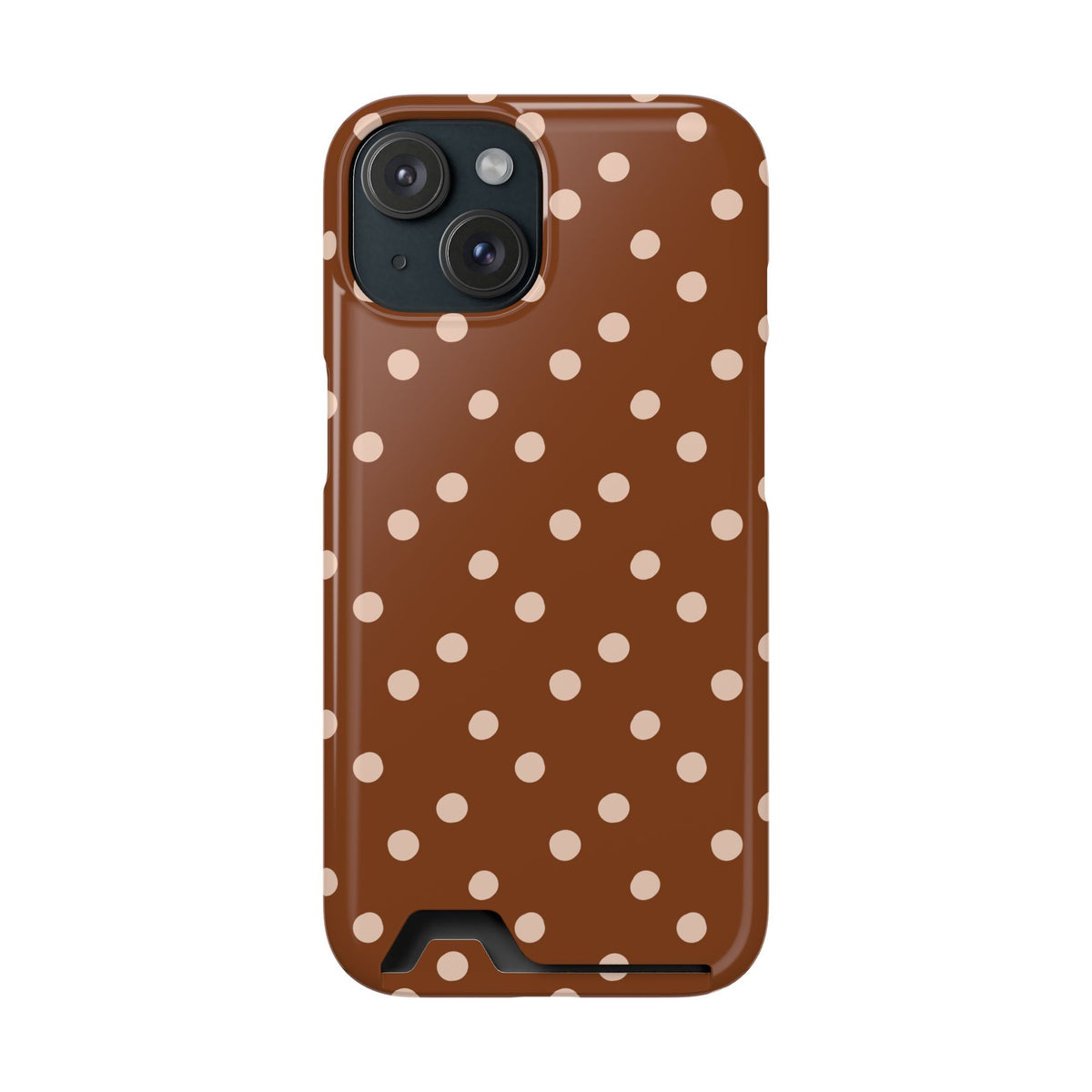 Brown Polka Dot phone case with card holder for iPhone 15, glossy finish