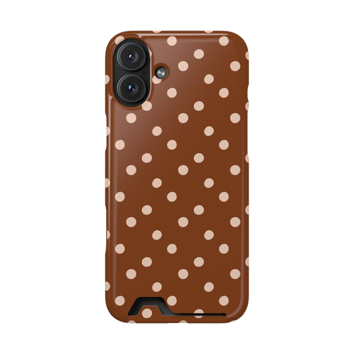 Brown Polka Dot phone case with card holder for iPhone 16 Plus, glossy finish