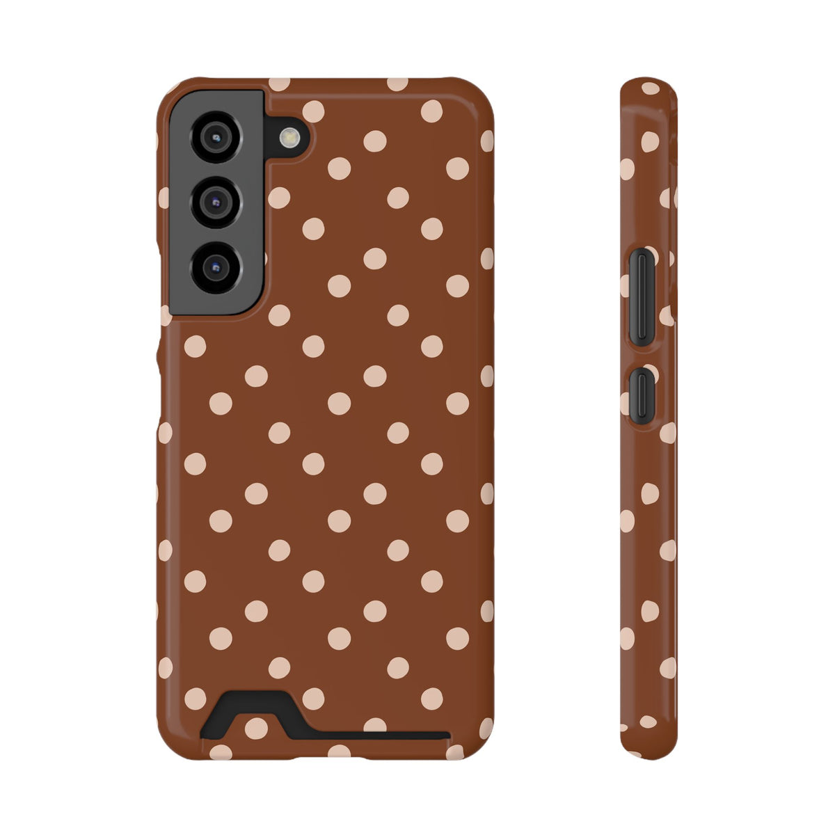 Brown Polka Dot phone case with card holder for Samsung Galaxy S22, glossy finish