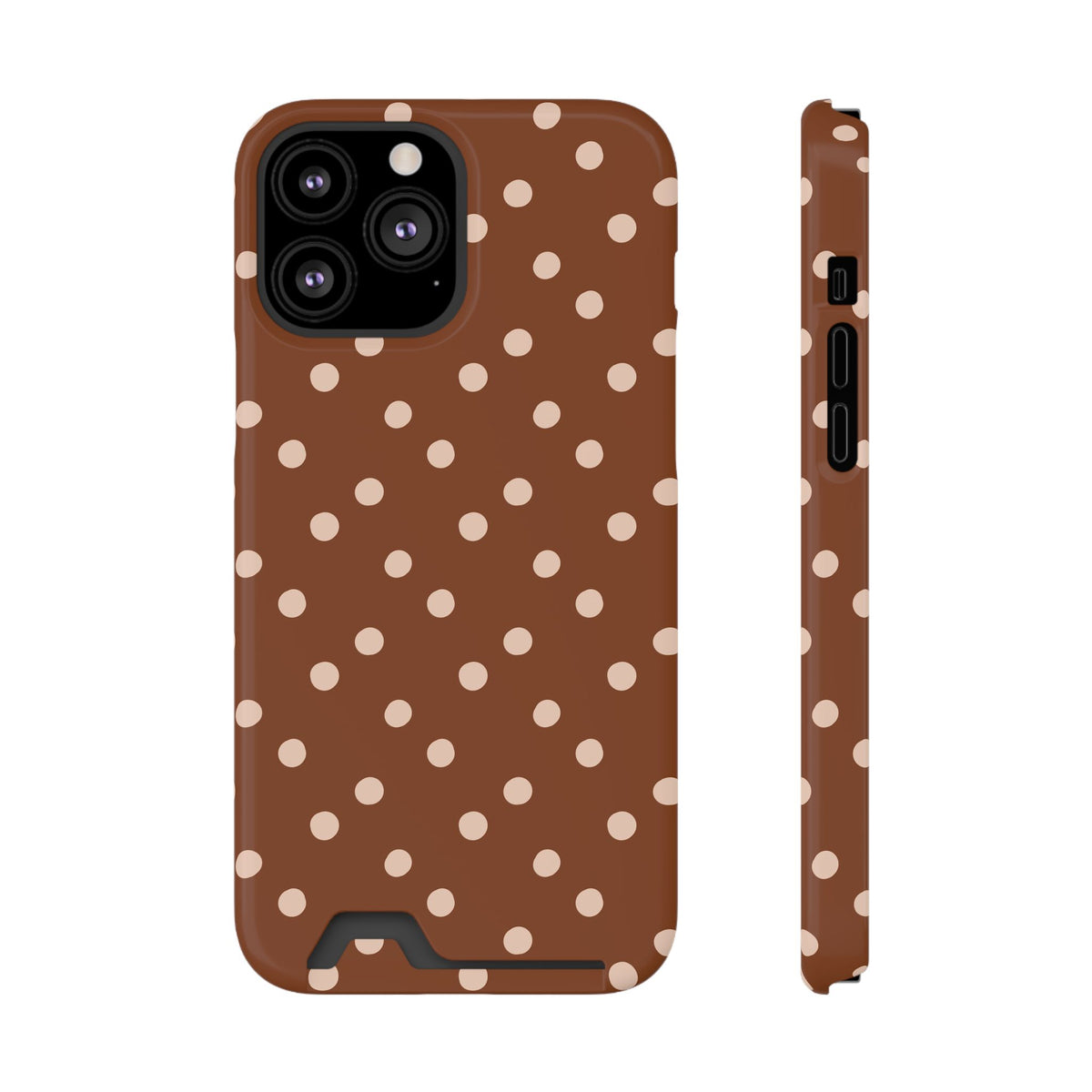 Brown Polka Dot phone case with card holder for iPhone 13 Pro Max, glossy finish
